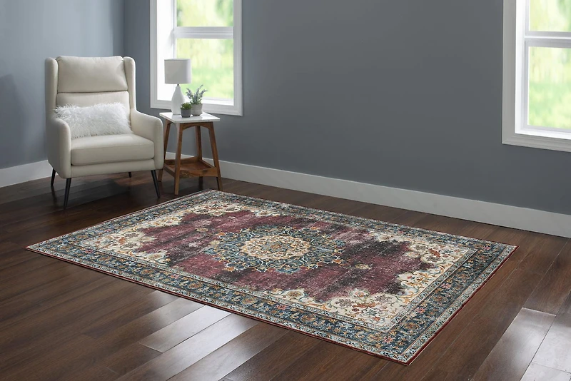 Bryant 5' x 7' Washable Area Rug, Ivory and Burgundy