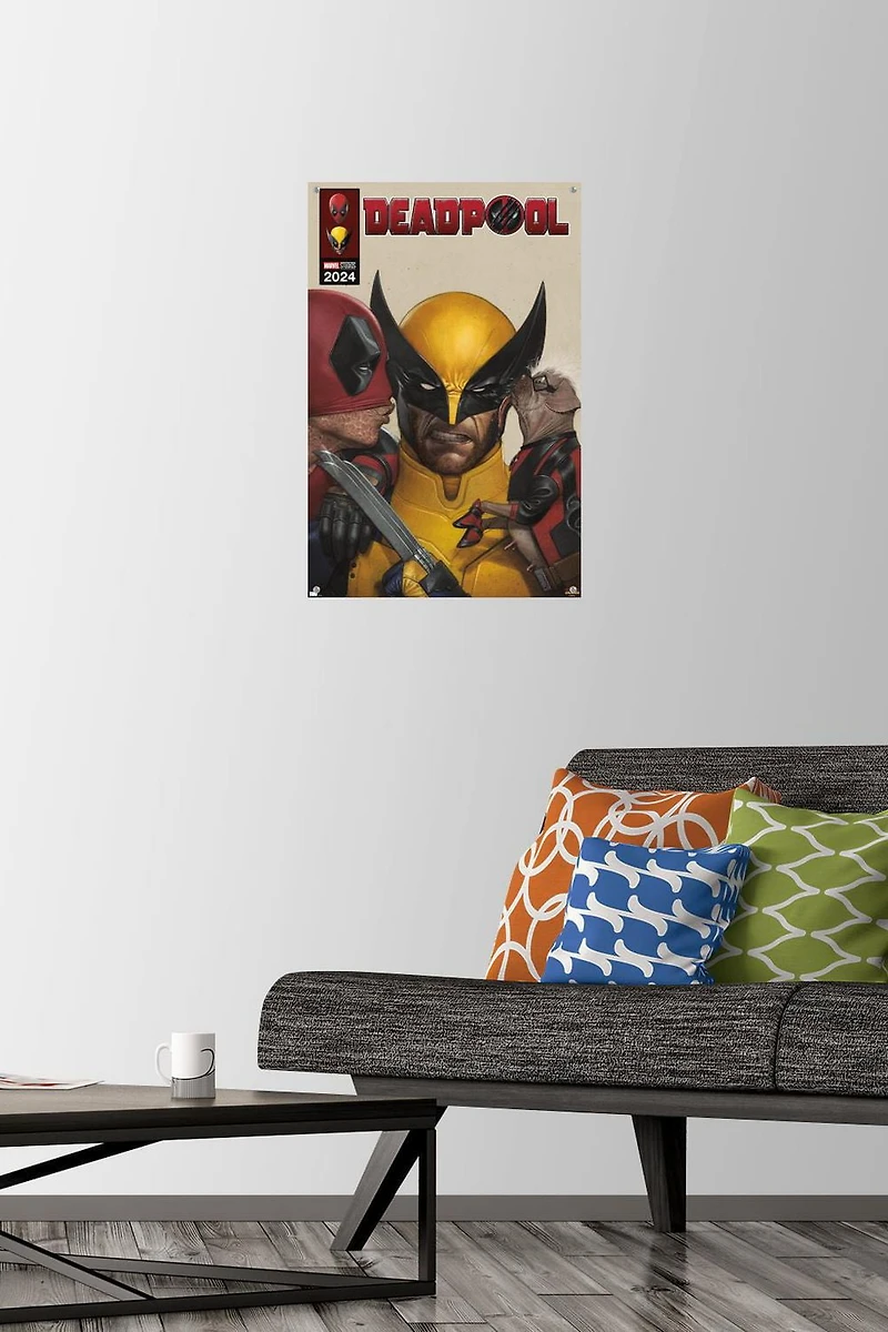 Marvel Deadpool & Wolverine - Homage Cover Wolverine Kisses Wall Poster with Magnetic Frame, 22.375" x 34"