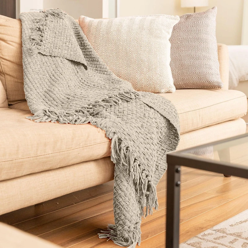 Chenille Basket weave Knit Throw with Fringe, Lightweight Breathable Chenille Blanket for Couch, Chair, Bed, Outdoor Use