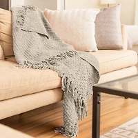 Chenille Basket weave Knit Throw with Fringe, Lightweight Breathable Chenille Blanket for Couch, Chair, Bed, Outdoor Use