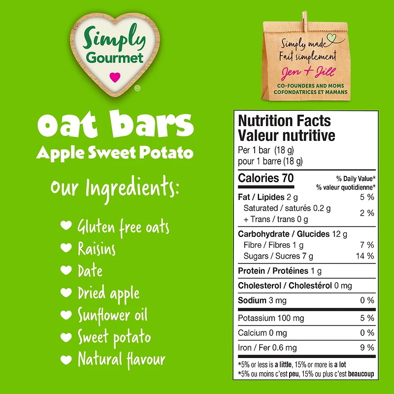 Simply Gourmet Apple Sweet Potato Oat Bars, Gluten Free Toddler Snack for Self-Feeders 12 Months+, 18g Bar (5 Pack), 90g