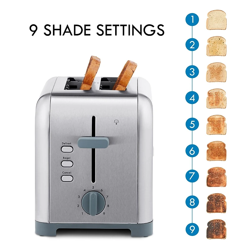 Kenmore 2-Slice Stainless Steel Toaster, Silver & Grey, Extra Wide Slots, Bagel & Defrost Functions