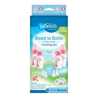 Dr. Brown's Natural Flow Anti-Colic Options+ Narrow Breast to Bottle Pump and Store Feeding Set with Slow Flow Nipples, Baby Bottle Travel Caps and 100% Silicone HappyPaci One-Piece Pacifier, Pink