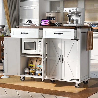 Noble House 53.5" Farmhouse Kitchen Island with Power Outlet,White