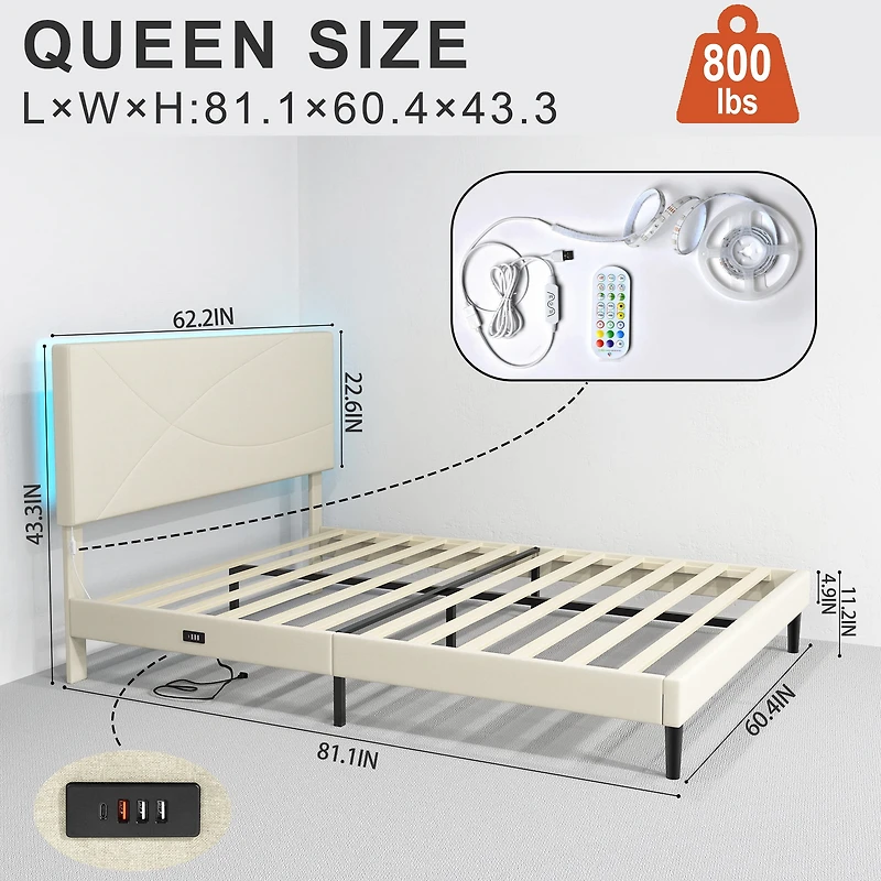Ensemble de chambre moderne Homy Casa : Cadre de lit Queen avec tablette latérale rabattable