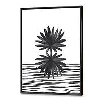 Designart Black and White Tropical Leaf On Striped II FLOAT FRAME WALL ART