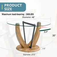 Noble House 48" Round Glass Dining Table,Tempered Glass Top 0.4" Thick,Transparent+Wood
