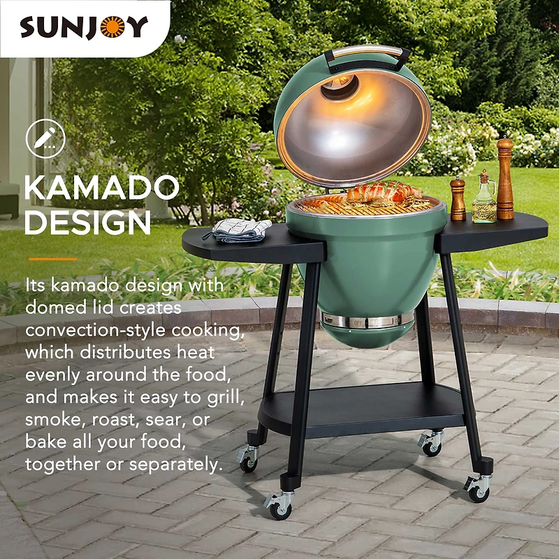 Sunjoy Charcoal Grill 20-Inch Kamado Grill Outdoor Egg Grill with Pizza Stone, Ultimate BBQ Grill and Smoker with Wheels