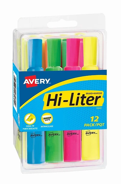 Avery® HI-LITER® Surligneur Modèle Bureau, Couleurs Assorties (5 Jaunes, 3 Roses, 1 Orange, 1 Violet, 1 Bleu, 1 Vert), Pointe Biseautée