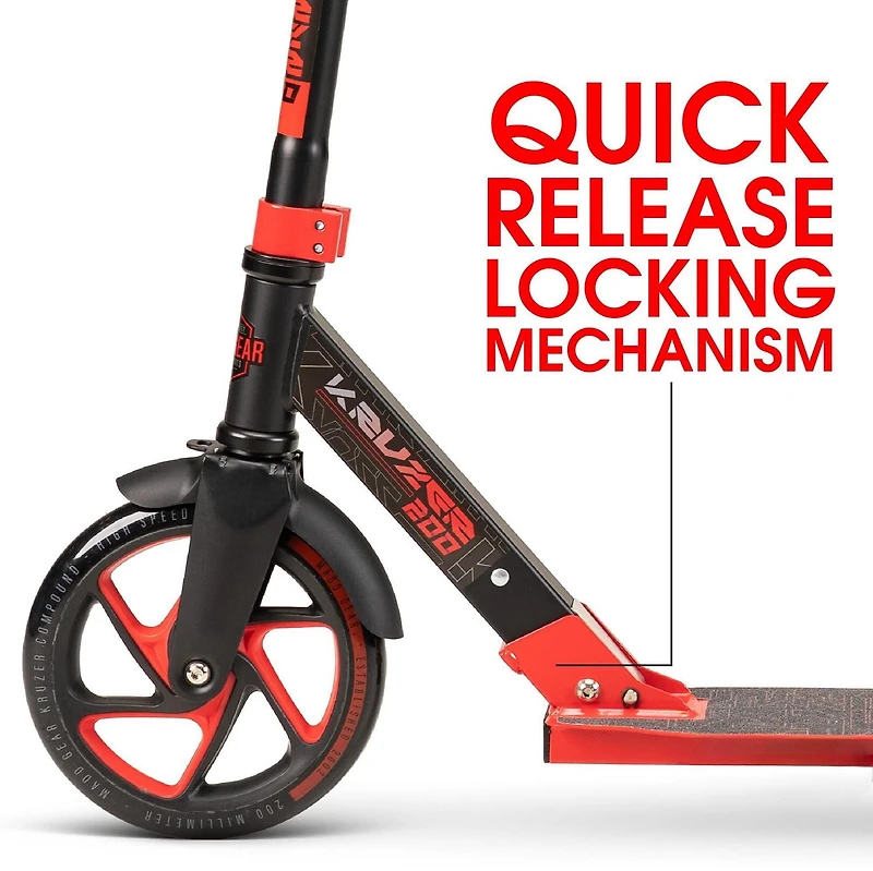 Madd Gear Kruzer 200 Folding Commuter Scooter for Adults & Teens Kruzer 200 – Big 200 mm Wheels, Adjustable Handlebar, Lightweight Carbon-Steel Frame - Red