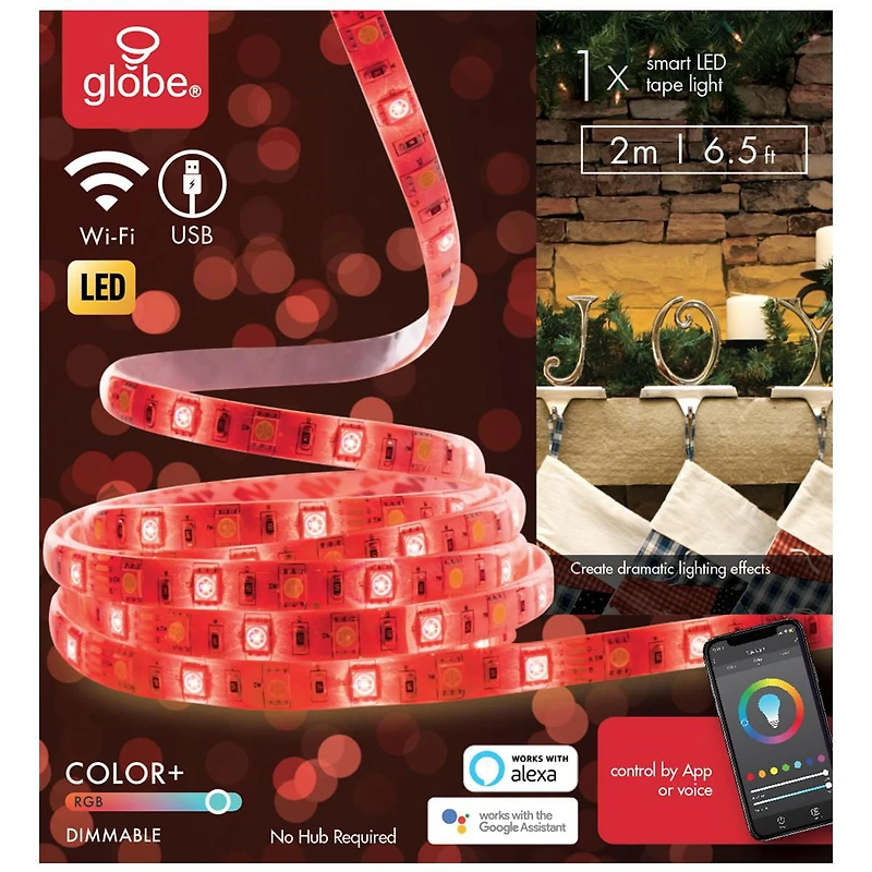 Bande lumineuse à DEL enfichable de couleur changeante, 2 mètres/6,6 pieds, aucun concentrateur requis, activé par la voix