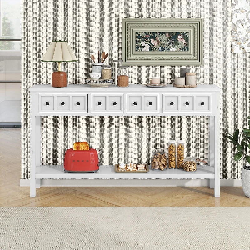 Noble House Rustic Entryway Console Table, 60" Table with two Different Size Drawers and Bottom Shelf for Storage ,Antique White
