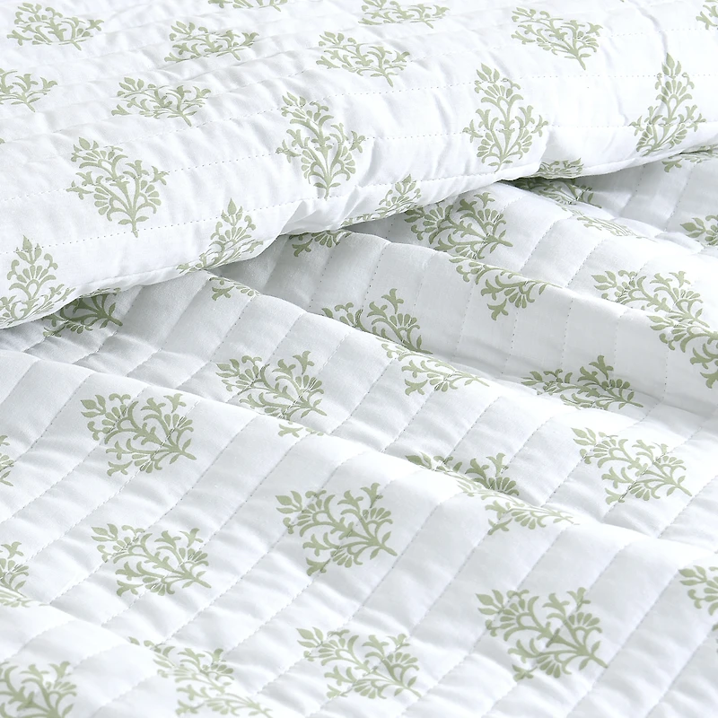 C&C California Printed Reversible Quilt Set, 100% Cotton, Breathable, Lightweight, 3-Piece, Full/Queen, Sage