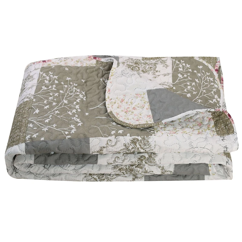 Marina Decoration Rich Printed Embossed Pinsonic Coverlet Bedset Ultra Soft Bedding Summer Quilt Set avec taies d'oreiller, motif floral rose et motif à carreaux de branches