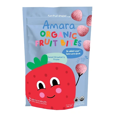 Bouchées aux fruits biologiques Amara, Fraise, 23 g, collation fondante pour bébés et tout-petits, sans sucre ajouté