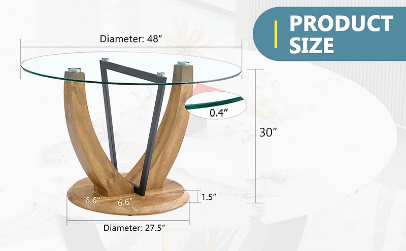 Noble House 48" Round Glass Dining Table,Tempered Glass Top 0.4" Thick,Transparent+Wood