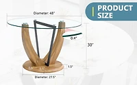 Noble House 48" Round Glass Dining Table,Tempered Glass Top 0.4" Thick,Transparent+Wood