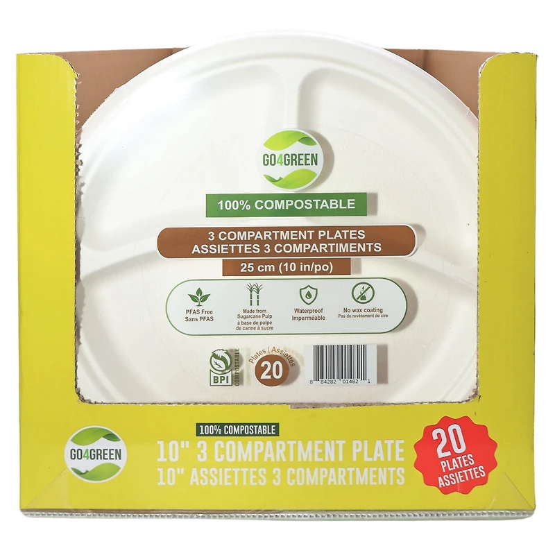 Go4Green Compostable 10-Inch 3-Compartment Plates, 20 Pieces