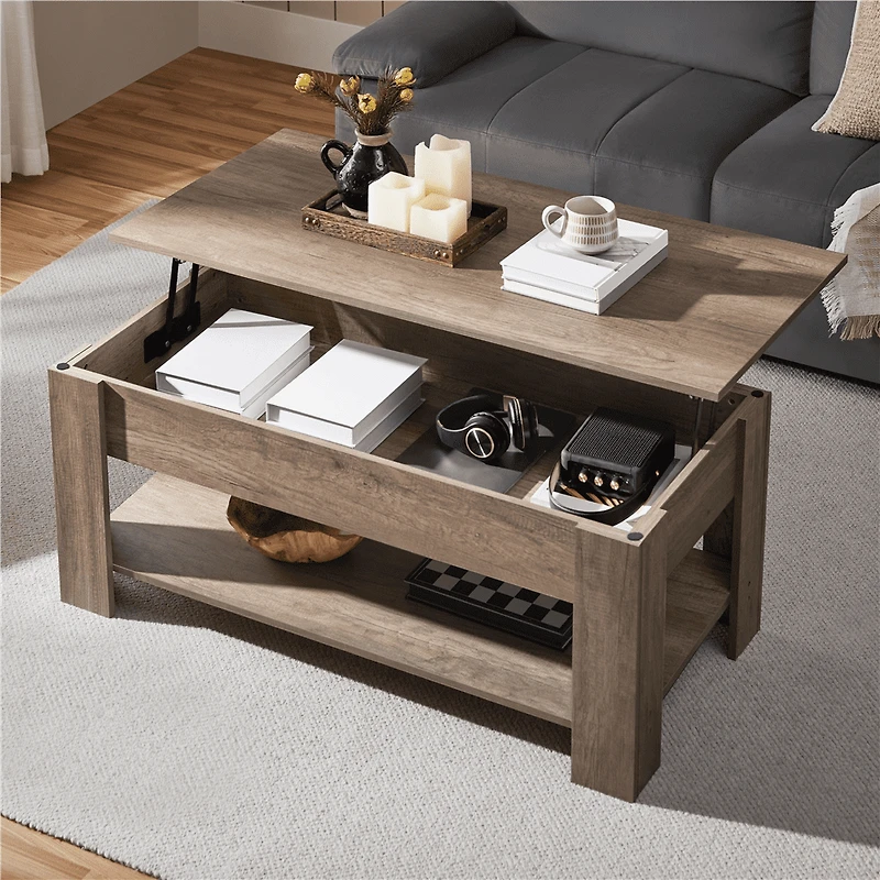 Fullfurnique Lift Top Coffee Table with Large Hidden Compartment and Storage Open Shelf, Gray