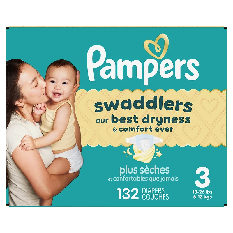 Pampers Swaddlers Diapers, Size 3 (13-26 lbs), Absorbent, Keeps Baby Dry and Comfortable, Skin Safe Disposable Baby Diaper