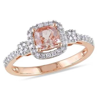 Tangelo 3/5 Carat T.G.W. Cushion-Cut Morganite And 1/6 Carat T.W. Diamond 10 K Rose Gold HALO Ring