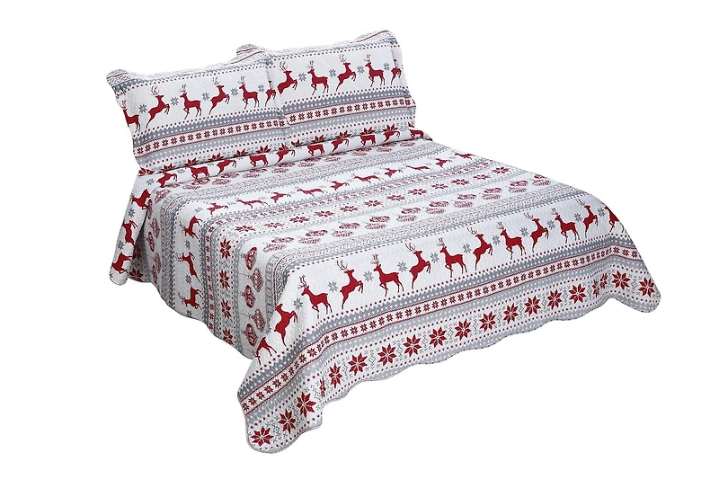 Marina Decoration Rich Printed Embossed Pinsonic Coverlet Bedspread Ultra Soft Bedding Summer Christmas Quilt Set with Shams, Xmas Deer Pattern