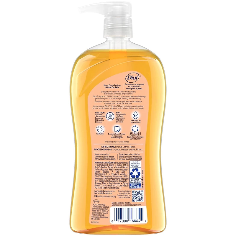 Dial Huile de Marula Nettoyant pour le Corps Nourrissant, 946ml, Testé par des Dermatologues, Sans Silicones, Parabènes, Phtalates, SLS