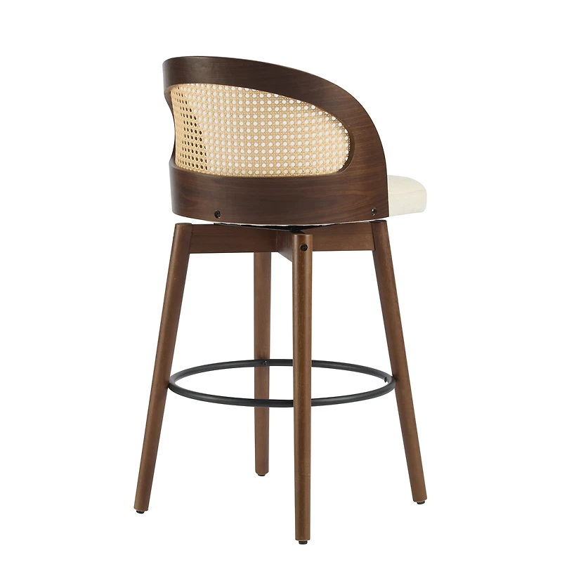 Noble House Como Upholstered Swivel Counter Stool Set of 4,PE Cane Backrest,Walnut + Beige