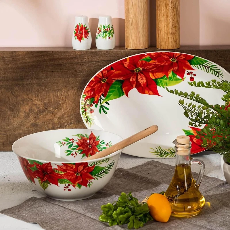 Gibson Home Magic Poinsettia Ensemble de service et accessoires 4 pièces en céramique fine
