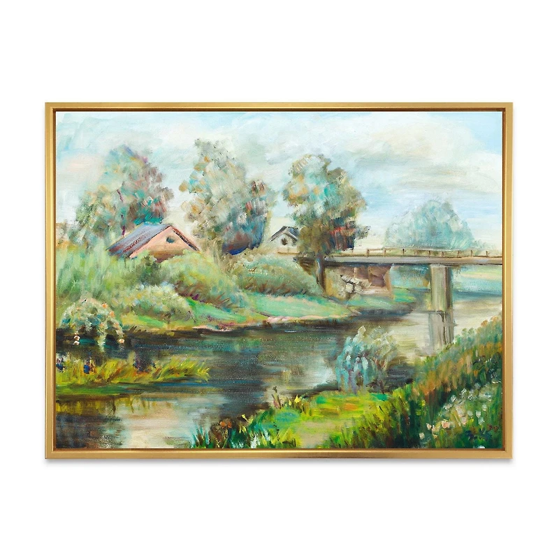 Designart Bridge On The River In Rustic Landscape FLOAT FRAME WALL ART