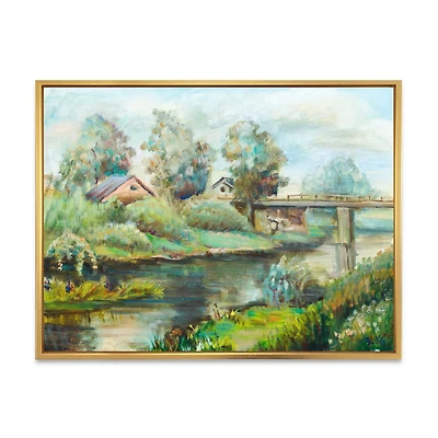 Designart Bridge On The River In Rustic Landscape FLOAT FRAME WALL ART