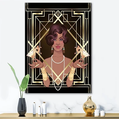 Designart Retro Women In Golden Art Deco Geometrics I Canvas Wall Art