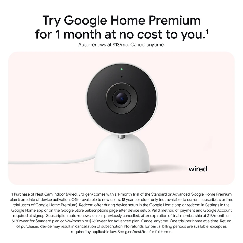 Caméra Google Nest intérieure (filaire, 3e génération) – Vidéo 2K et Gemini – Neige