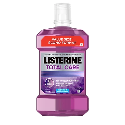 Rince-bouche antiseptique Listerine Total Care aux 8 bienfaits, élimine jusqu’à 99,9 % des germes, combat la plaque dentaire et la gingivite, validé par l’ADC, saveur menthe fraîche, 1,5 l (lot de 1)