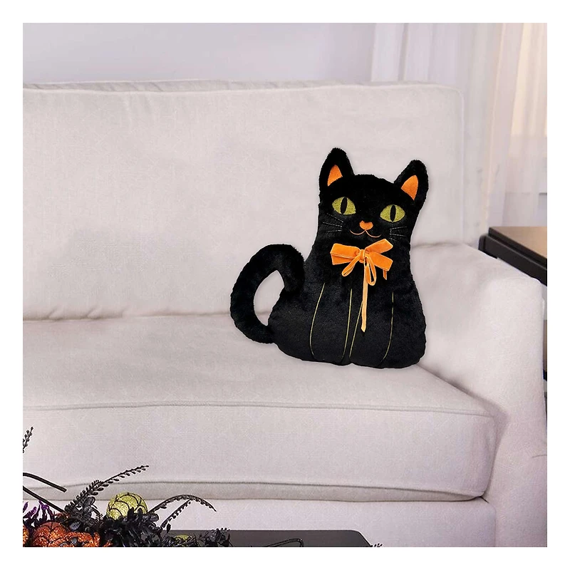 Way-To-Cel PL Black Cat Shaped Pillow, 15 inches height, black and orange colour
