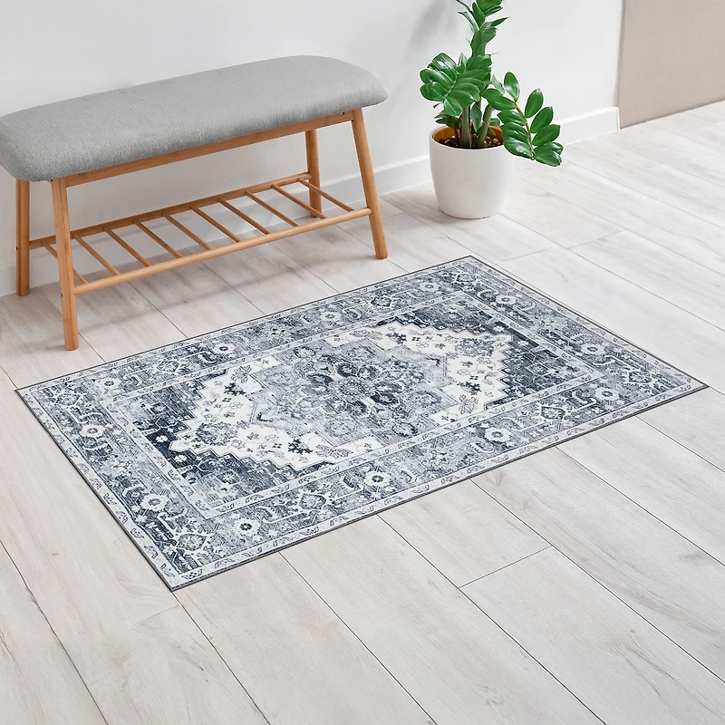 Mainstays Traditional Medallion Accent Scatter Mat, Blue and Light Grey, 30 in x 45 in, Machine Washable, for Hallway, Bedroom, Kitchen, Bathroom.
