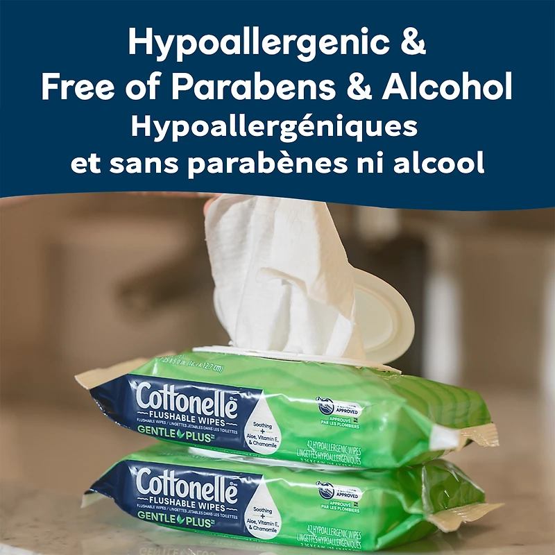 Cottonelle Gentle Plus Lingettes Humides Jetables dans les Toilettes, 8 Paquets à Couvercle Rabattable, 336 Lingettes