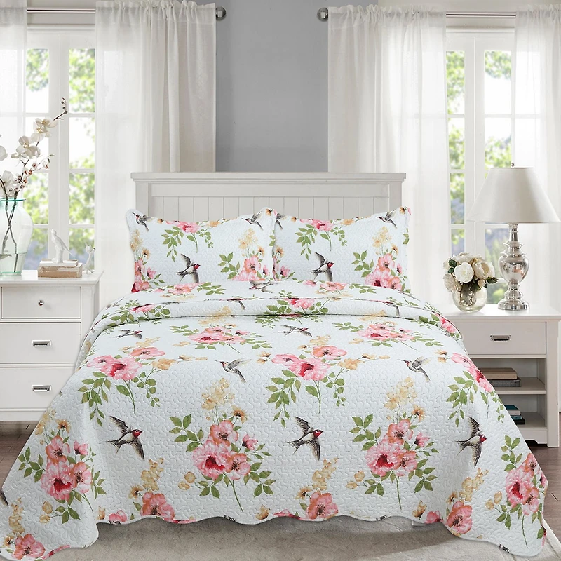 Marina Decoration Rich Printed Embossed Pinsonic Coverlet Bedspread Ultra Soft Bedding Summer Quilt Set with Shams, Pink Floral and Birds Pattern