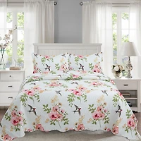 Marina Decoration Rich Printed Embossed Pinsonic Coverlet Bedspread Ultra Soft Bedding Summer Quilt Set with Shams, Pink Floral and Birds Pattern