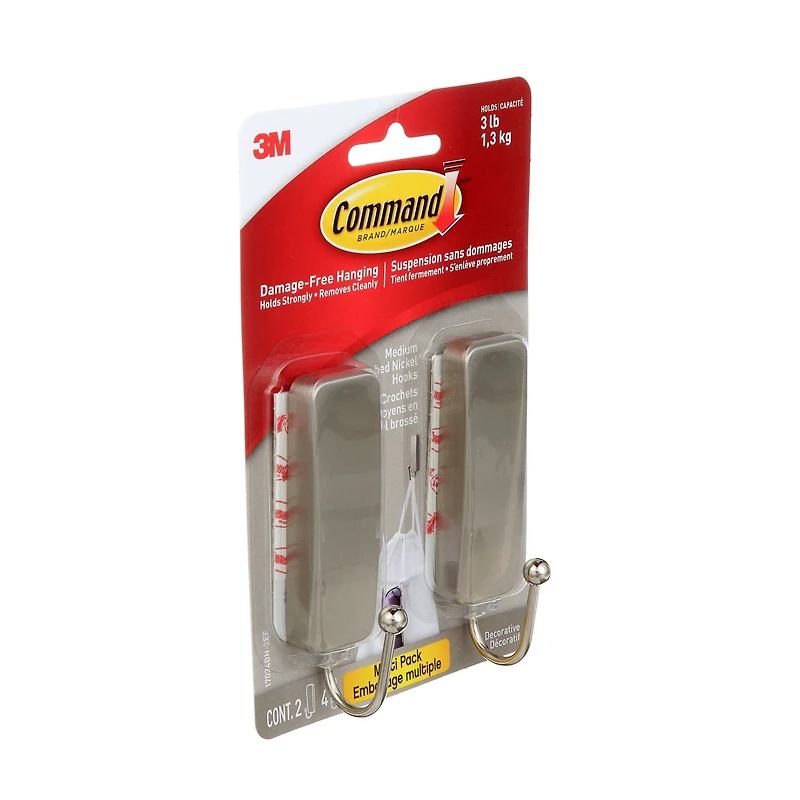 Command™ Hook 17034BN-2EF, Brushed Nickel, 2 Hooks/4 Strips/Pack