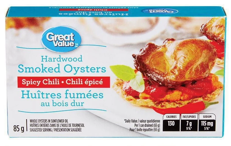 Great Value Spicy Hardwood Smoked Oysters in Sunflower Oil