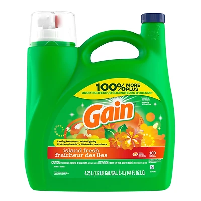 Gain Détergent Liquide à Lessive, Parfum Fraîcheur des Îles, Fraîcheur + Élimination des Odeurs, Savon Nettoyant Liquide pour Laveuse Haute Efficacité, 4.25 Litres, 100 Brassées