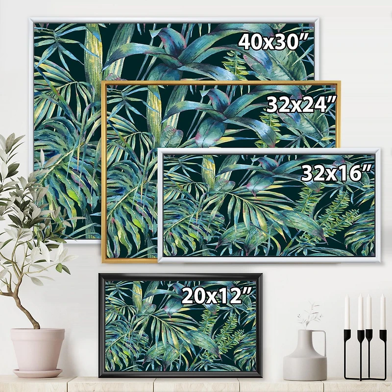 Designart Feuilles naturelles exotiques sur foncé I ART MURAL À CADRE FLOTTÉ
