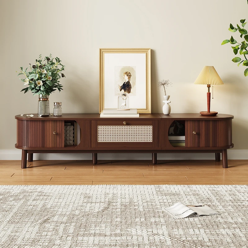 Noble House TV Cabinet with Bamboo Slat Doors & Rattan Drawers, Rustic Media Console Storage Solution, Natural