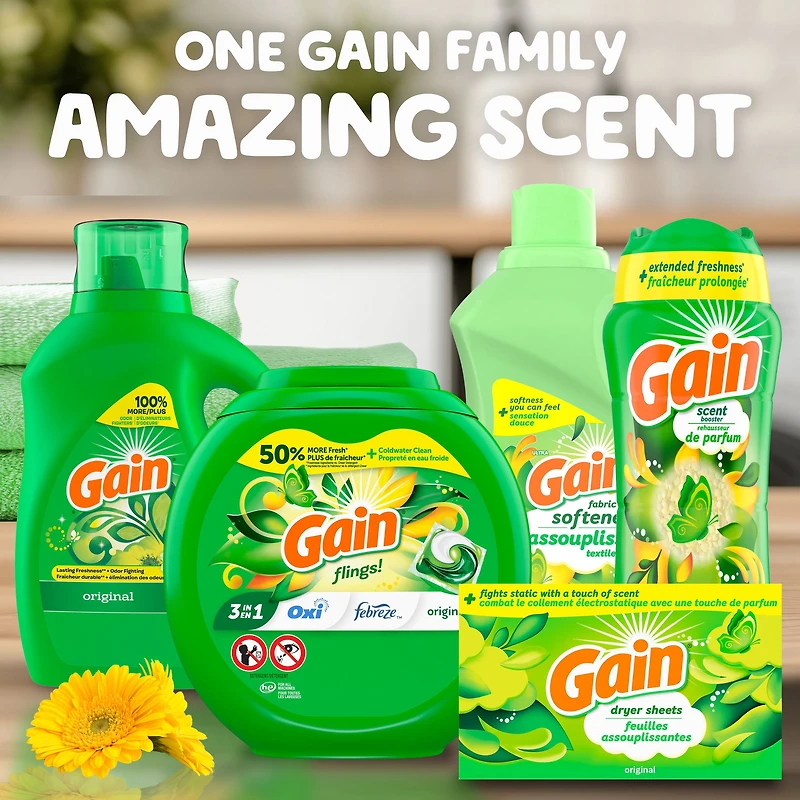 Gain Liquid Laundry Detergent, Original Scent, 1.24 L, 32 loads, Freshness + Odour Fighting, High efficiency washing machine iquid cleaning soap