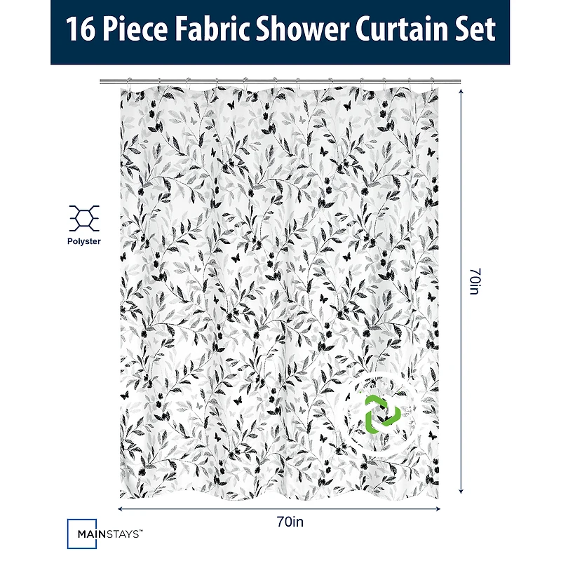 Mainstays 16-Piece Black and White Botanical Shower Curtain Bathroom Set – Fabric Curtain with Rug, Hooks, Soap Dispenser & Tray