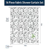Mainstays 16-Piece Black and White Botanical Shower Curtain Bathroom Set – Fabric Curtain with Rug, Hooks, Soap Dispenser & Tray