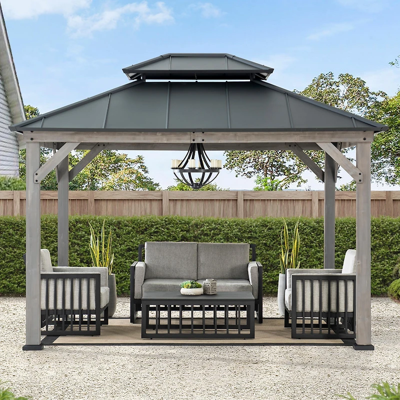 Sunjoy Outdoor Gazebo 10 X 12 ft. 2-tier Hardtop Grey Cedar Framed Gazebo with Steel Hardtop