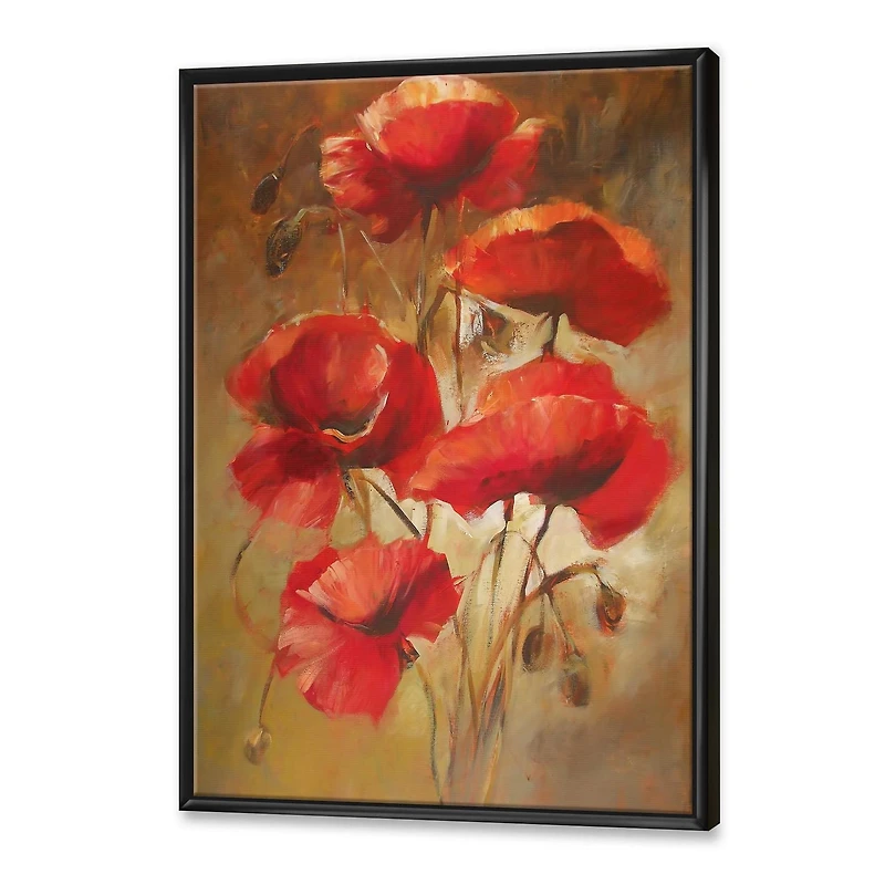 Designart Red Blossoming Poppies IV FLOAT FRAME WALL ART