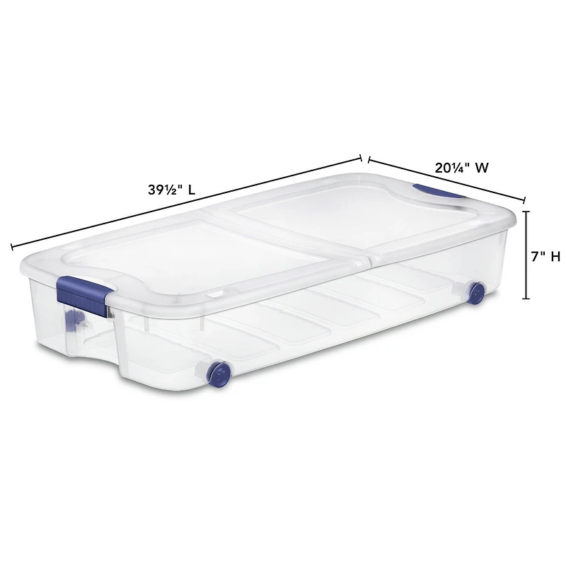 Sterilite 62 Liter Wheeled Latch Box, Small Clear Plastic Storage Bin with Lid, Blue Latch
